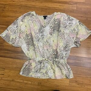 Ann Taylor Blouse Womens Small Floral Tie-Waist‎ Lightweight Short Sleeve Top
